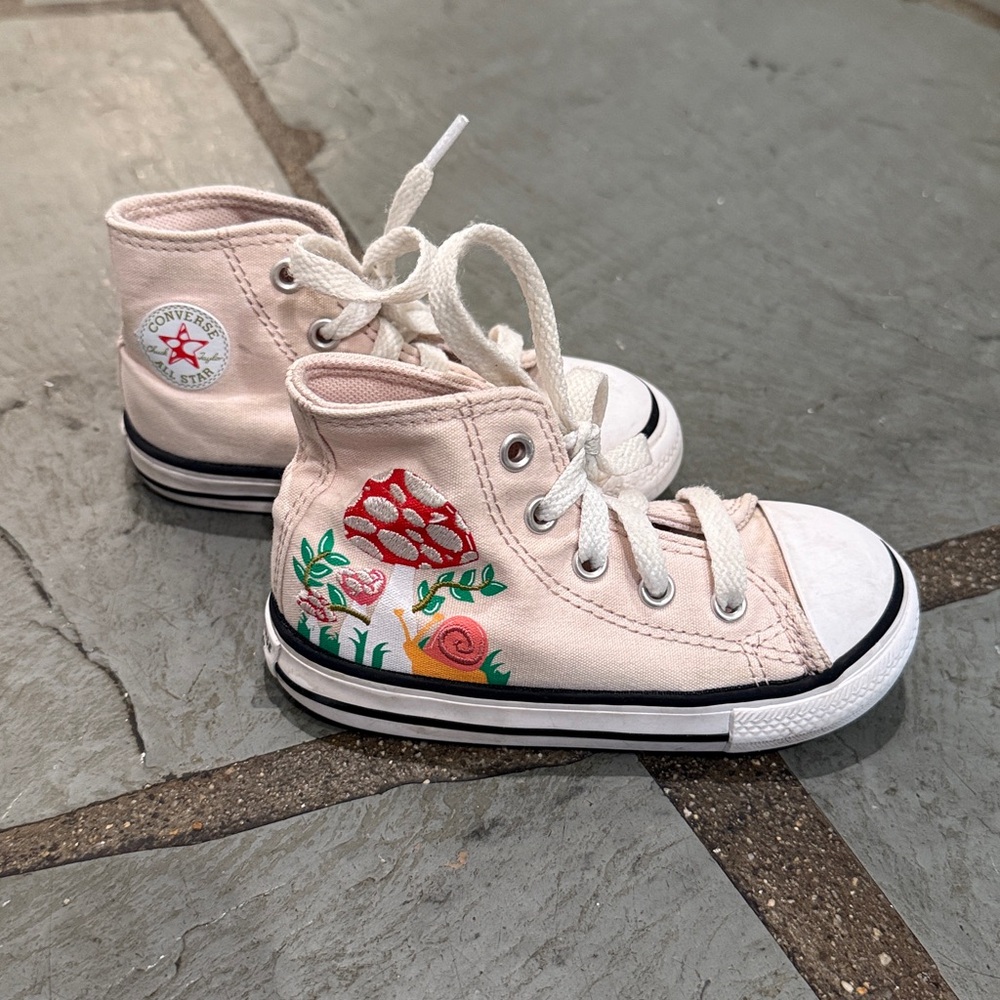 Converse Pink High-Top Sneakers, Floral & Mushroom Design (7T, excellent used)